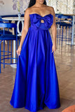 Zjkrl - Blue Elegant Formal Plain Hollowed Out With Bow Strapless Evening Dress Dresses