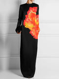 Zjkrl - Long Sleeves Loose Flower Print Round-Neck Maxi Dresses