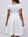 Zjkrl - Bowknot Lace-Up Solid Color V-Neck Midi Dresses