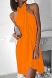 Zjkrl - Fashion Elegant Solid Halter Irregular Mini Dresses