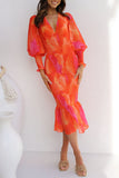 Zjkrl - Casual Print Patchwork Flounce V Neck One Step Skirt Dresses