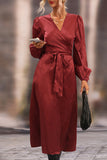 Zjkrl - Elegant Solid Frenulum V Neck A Line Dresses