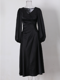 Zjkrl Elegant Dress For Women V Neck Lantern Sleeve High Waist Solid Ruched Minimalist Midi Dresses Female Clothing Style
