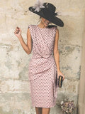 Women's Sheath Dress Knee Length Dress - Sleeveless Polka Dot Print Polka Dots Ruched Spring & Summer Plus Size Hot Vintage White Red Light Blue