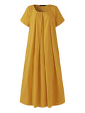 Zjkrl - Simple Solid Color U-Neck Pleated Short Sleeves Maxi Dress