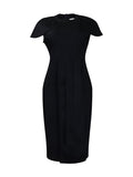 Zjkrl - Short Sleeves Skinny Pleated Solid Color Split-Back Split-Front Split-Joint Round-Neck Midi Dresses