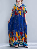 Zjkrl - Ethnic Printed Vintage Super Loose Batwing Sleeve Dress