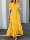 Zjkrl - Solid Button Front Belted Dress, Elegant Ruched Sleeve Ruffle Trim Maxi Dress, Women's Clothing
