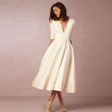Zjkrl - New Sexy Deep V Mid Sleeve Dress Midi Dress Skater Dresses
