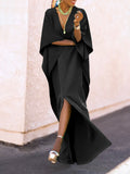 Zjkrl - Batwing Sleeves Loose Solid Color Split-Side V-Neck Maxi Dresses