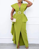 Plus Size Contrast Mesh Split Prom Dress With Belt