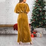 Zjkrl - Fashion Velvet Round Neck High Slit Maxi Dresses