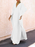 Zjkrl - Batwing Sleeves Loose Solid Color Split-Side V-Neck Maxi Dresses