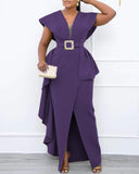 Plus Size Contrast Mesh Split Prom Dress With Belt