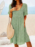 Zjkrl - Women Floral Printed Short Sleeve Vintage Boho Weaving Tunic Dress