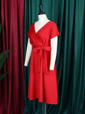 Zjkrl - Bowknot Lace-Up Solid Color V-Neck Midi Dresses