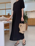 Zjkrl - Urban Ruffled Split-Joint High Waisted Short Sleeves Midi Dress