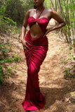 Zjkrl - Red Elegant Vacation Solid Fold Halter Long Dress Dresses