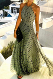 Zjkrl - Fashion Sexy Halter Print Pleated Long Dress Women Sweet O Neck Beach Maxi Dress