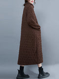 Casual Long Sleeves Loose Solid Color Textured High-Neck Cotton Padded Midi Dresses