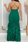 Zjkrl - Rose Red Sweet Daily Elegant Patchwork Flounce Solid Color Spaghetti Strap Dresses