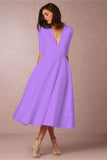 Zjkrl - New Sexy Deep V Mid Sleeve Dress Midi Dress Skater Dresses