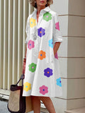 Zjkrl - Long Sleeves Floral Printed Lapel Midi Dresses
