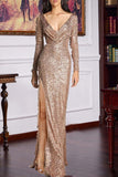 Zjkrl - Red Sexy Formal Patchwork Sequins Slit V Neck Long Sleeve Dresses