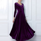 Zjkrl - Elegant Solid Long Sleeved V-neck Velvet Maxi Dresses