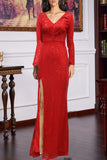 Zjkrl - Red Sexy Formal Patchwork Sequins Slit V Neck Long Sleeve Dresses