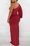 Zjkrl - White Sexy Formal Solid Backless Slit Oblique Collar Long Sleeve Dresses