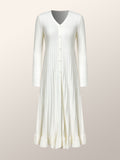 Elegant Plain Long Sleeve Buttoned Pleated Sweater Dress