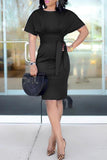 Solid Belted Short Sleeve Dress