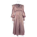 Satin Party Dress Single Breasted High Waist a Line Long Dress Deep v Neck Sexy Elegant Temperament Ol Style 2023 New Arrivals
