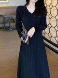 Zjkrl - A-Line High Waisted Pleated Solid Color V-Neck Midi Dresses Sweater Dresses