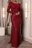Zjkrl - Burgundy Sexy Formal Solid Sequins Patchwork Backless O Neck Evening Dress Dresses