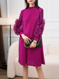 Zjkrl - Long Sleeves Loose Embroidered Pleated Solid Color Round-Neck Midi Dresses