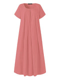 Zjkrl - Simple Solid Color U-Neck Pleated Short Sleeves Maxi Dress