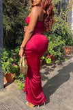 Zjkrl - Red Elegant Vacation Solid Fold Halter Long Dress Dresses