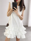 Zjkrl - Loose Sleeveless Falbala Solid Color Split-Joint Zipper Round-Neck Mini Dresses