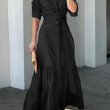 Zjkrl - Solid Button Front Belted Dress, Elegant Ruched Sleeve Ruffle Trim Maxi Dress, Women's Clothing