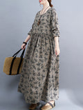 Zjkrl - Artistic Retro Long Sleeves Loose Floral Printed Round-Neck Midi Dresses