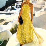 Zjkrl - Fashion Sexy Halter Print Pleated Long Dress Women Sweet O Neck Beach Maxi Dress