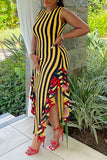 Zjkrl - Yellow Casual Sweet Daily Simplicity Mixed Printing Striped Printing Contrast O Neck Dresses