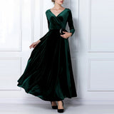 Zjkrl - Elegant Solid Long Sleeved V-neck Velvet Maxi Dresses