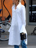 Zjkrl - Casual Flared Sleeves Long Sleeves Split-Side Solid Color Lapel Collar Blouses Shirt Dress