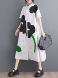 Zjkrl - Loose Short Sleeves Buttoned Floral Printed Lapel Collar Midi Dresses
