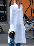 Zjkrl - Casual Flared Sleeves Long Sleeves Split-Side Solid Color Lapel Collar Blouses Shirt Dress