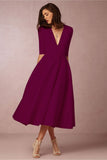 Zjkrl - New Sexy Deep V Mid Sleeve Dress Midi Dress Skater Dresses