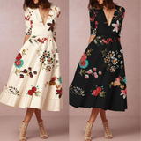 Zjkrl - Women's Printed V-Neck Midi Skater Dresses